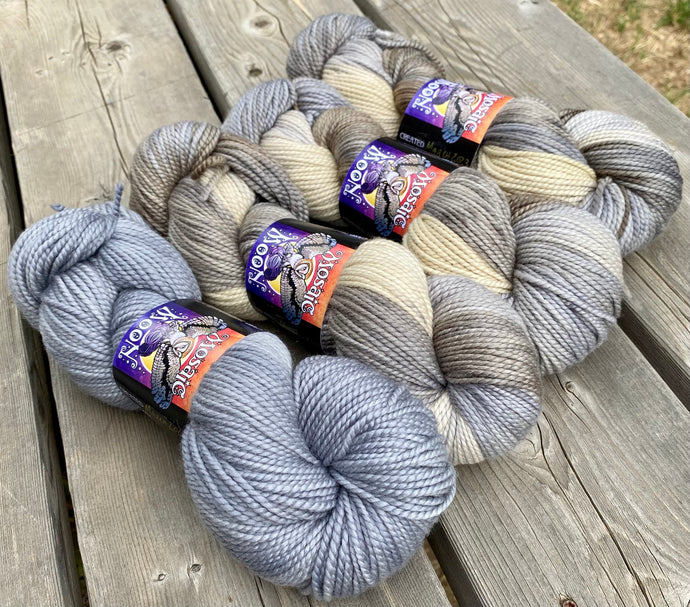 Talisman Worsted - Mrs Fraser Colorway and Silver Semisolid